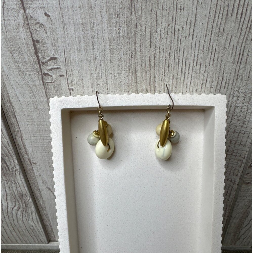 Gold Tone & Beige Cream Beaded Dangle Earrings With Hook Closure Womens Fashion
